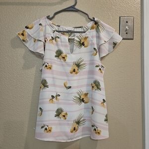 A'Gaci Floral Striped White Pink Keyhole Flutter Sleeve Blouse Top size Medium
